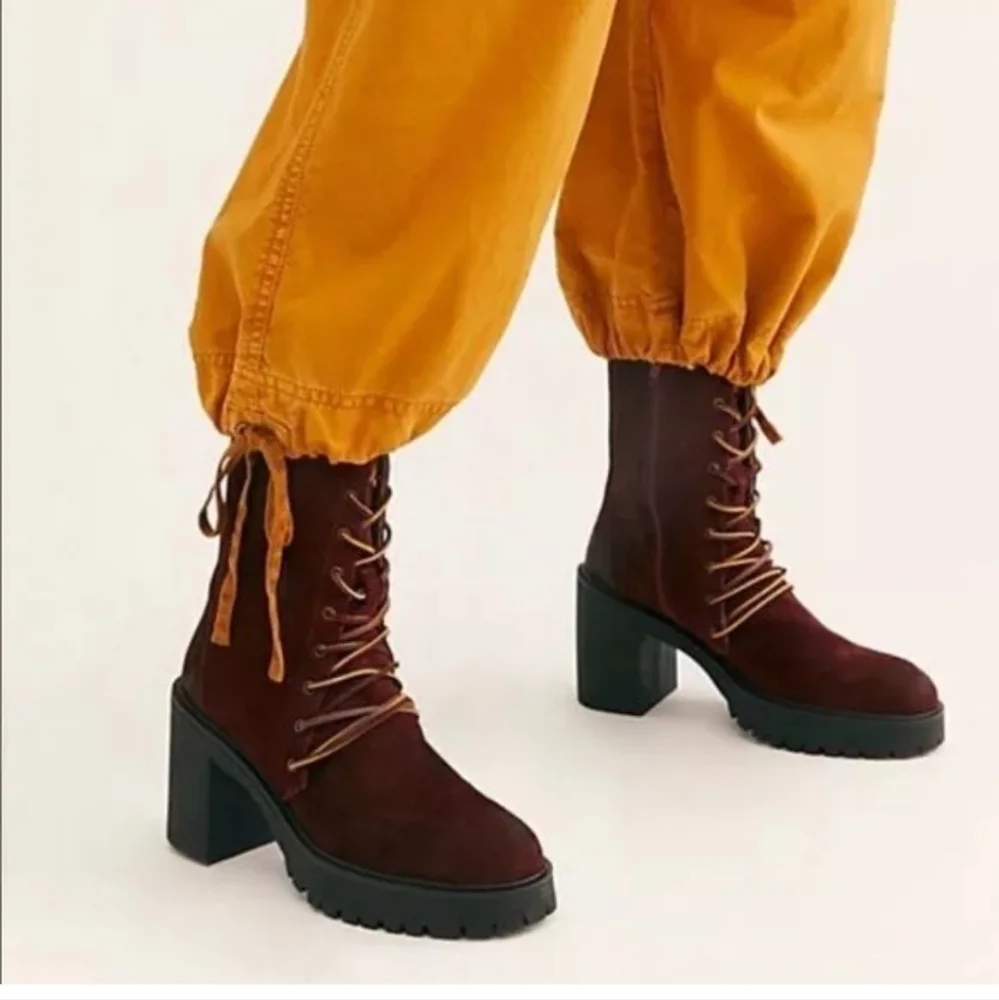 Free People Dylan Burgundy Suede Leather Lace-Up Combat Boots